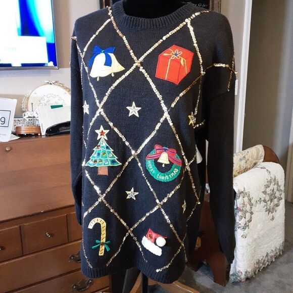 Work In Progress Sweater‎ Appliqued Embroidered Christmas 7Cotton M… - Picture 7 of 8